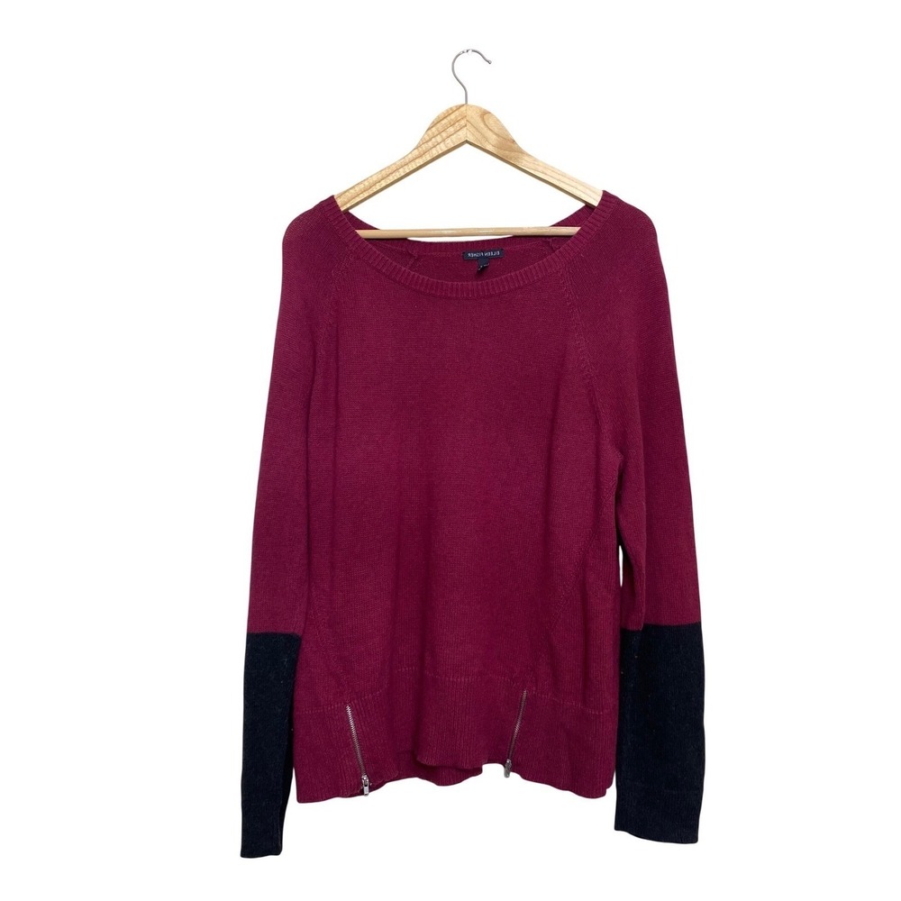 Eileen Fisher Organic Cotton Cashmere Colorblock Zipper Sweater Berry Pink Large